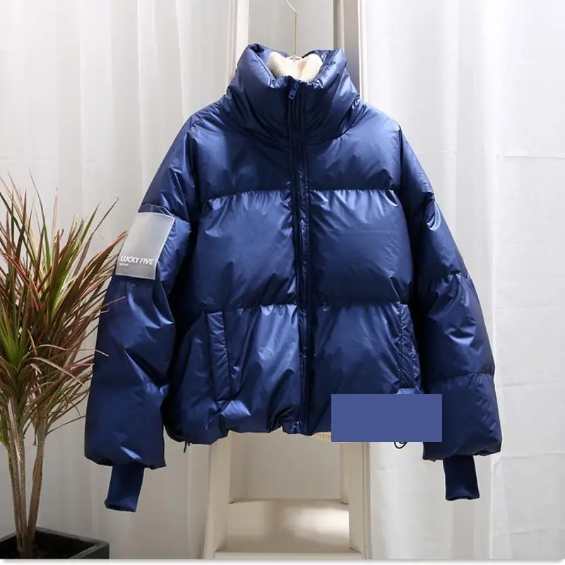 Young Lady Stand-Collar Full Sleeve Outdoor Overcoat White Oversize Duck Down Solid Colour Winter Warm Down Jacket - Цвет: Синий