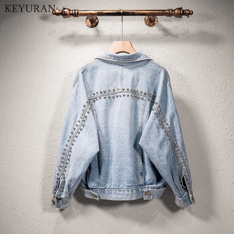

Oversize 5XL Autumn Women's Harajuku Hole Denim Jacket Rivet Beaded Short Blue Jean Basic Coats Plus Size Clothing Outfit L3787