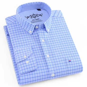 

2020 Mens Wear Oxford Blue White Striped Plaid Casual Long Sleeve Pure Cotton Shirt Spring Soft Male Social Business Dress Shirt