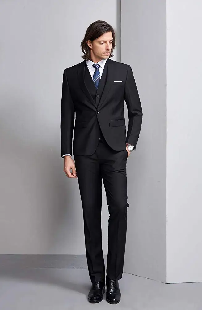 

Men's Slim Fit 3 Piece Suit One Button Formal Business Wedding Party Blazers Vest Flat Front Pants Set