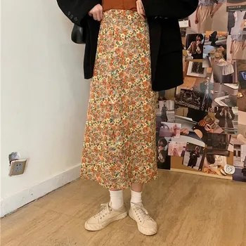 

Vintage Floral Print Ruffle Chiffon Pleated Long Skirts Women Korean Skirt Streetwear Drawstring Elastic Waist Midi Skirt