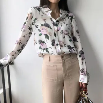

Fashion Silk New Women Rose Blouse Flower Print Long Sleeve Blouses And Tops With Pocket