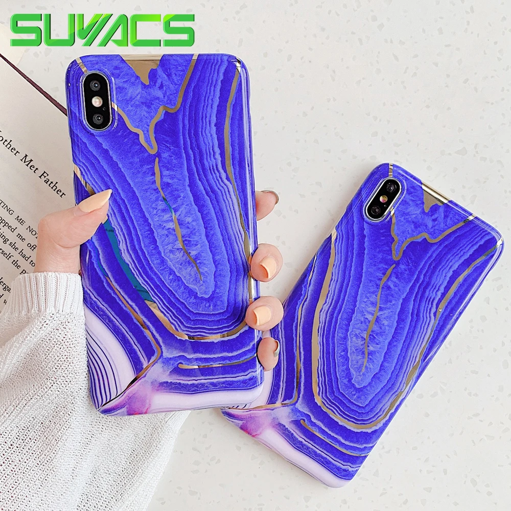 

SUYACS Blue Ocean Gilded Marble Phone Case For iPhone XR 7 X XS Max For iPhone 7 8 Plus Cover Glossy Full Body Soft Phone Shell