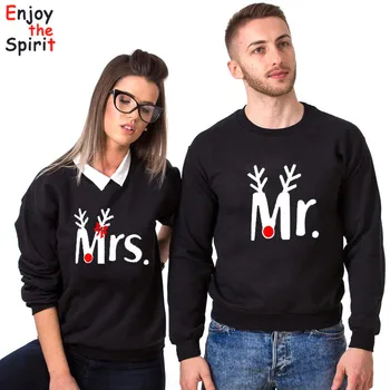 

Christmas Mr and Mrs Couple Matching Sweatshirt Fashion Casual Xmas Crewneck Hoodie Streetwear Deer Graphic Print Top Drop Ship