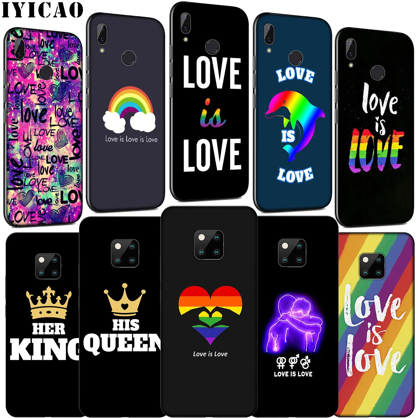 Мягкий силиконовый чехол для телефона IYICAO Love Is LGBT Rainbow Heart Huawei Mate 30 20 10 Pro Black Nova 5i 4 3