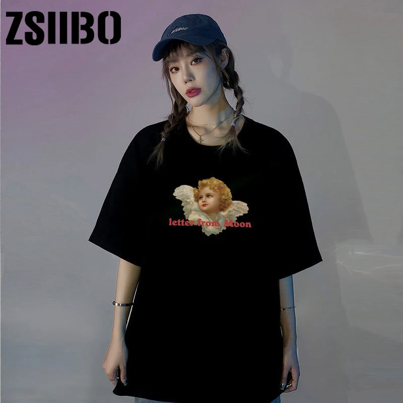 Goth Streetwear Short Sleeve Top Tee Female y2k Cupid gothic kpop accessory футболка Harajuku bunny Print Crop Women T-shirts
