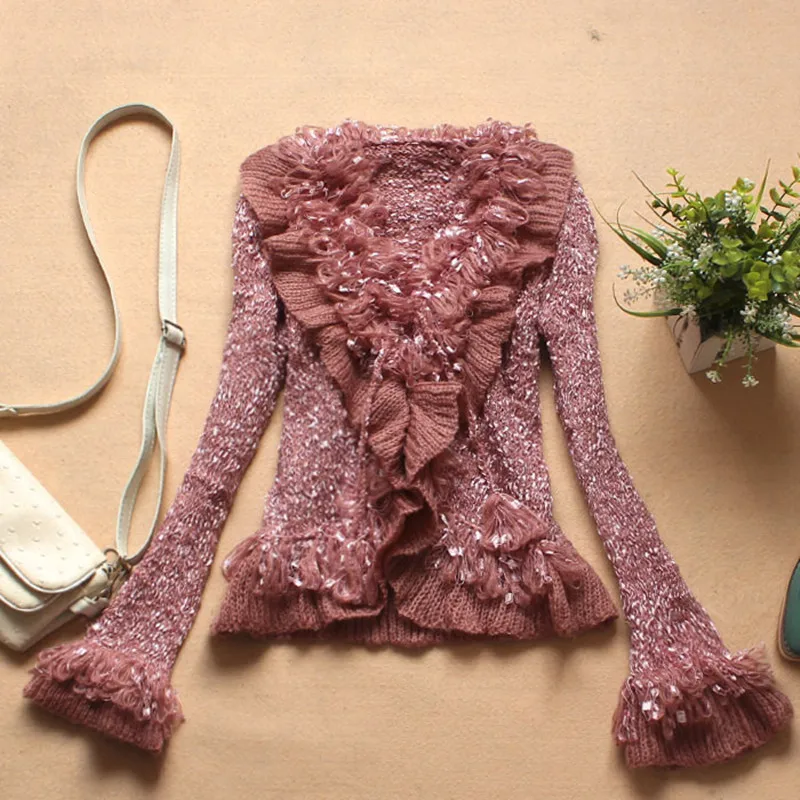 

Poncho Cardigans Jumper Women Free Shipping 2020 Autumn And Winter Sweet V-neck Long-sleeved Sweater Ruffled Tassel Cardigan