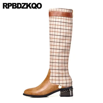 

women boots winter 2019 tall 12 44 knee high plaid block brown chunky thick fashion 13 45 shoes round toe big size long black