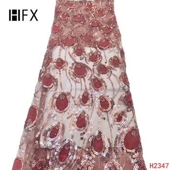 

HFX new product Nigerian Sequins Laces Fabrics High Quality pink Tulle African sequence Lace Fabric French for party dress H2347