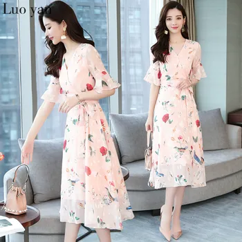 

Summer New Vintage Plus Size Floral Chiffon Sundress 2020 Korean Boho Beach Midi Dress Elegant Women Flare Short Sleeve Vestidos