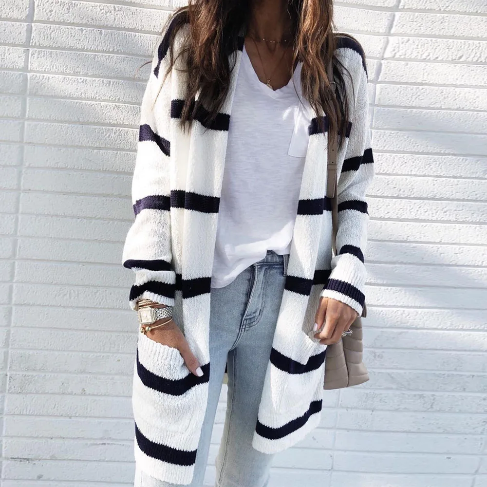 

HOT Cardigan Women Knitted Sweater Oversize 2020 Autumn Winter Fashion Stripes Black White Pocket Knitwear Casual Long Sweaters
