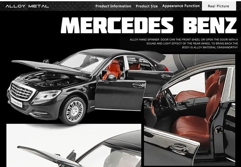 1/32 Maybach S600 литые под давлением металлические модели автомобилей, игрушечный автомобиль с имитацией, светильник с музыкой, 6 дверей, можно открыть, подарки для детей