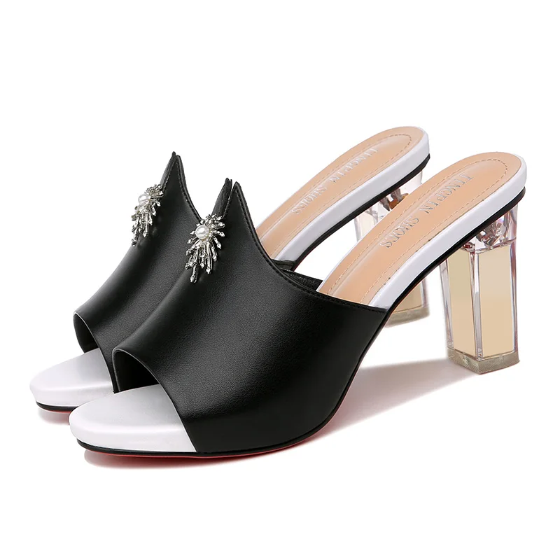 

Shoes Woman MOOLECOLE New Fashion Women Sandals Red Bottom Square Heels Women Shoes Peep Toe PU Leather Women Slippers 2-135