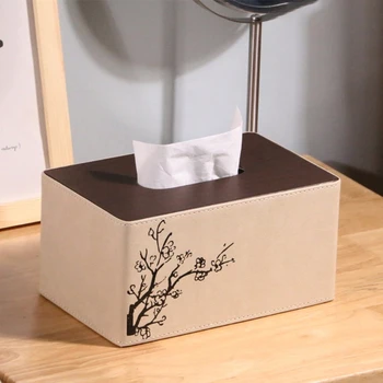 

Chinese Style Plum Blossom PU Leather Tissue Box Rectangle Paper Towel Holder Desktop Napkin Storage Container for Home Office