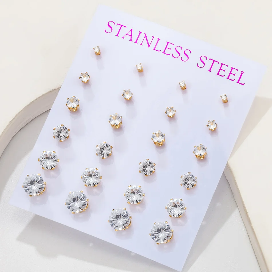 12 Pairs Stud Earrings Set 2-7mm Mixed Size Crystals Balls Pearl Earrings Stainless Steel Ear Piercing Women Fashion Jewelry 2