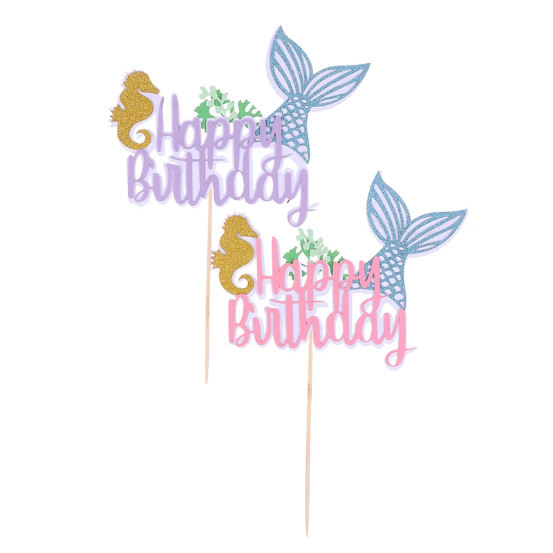 2pcs Happy Birtay Mermaid Sea Series Cake Topper Cake Insert Picks Decoration Cupcake Toppers Birtay Party Decor