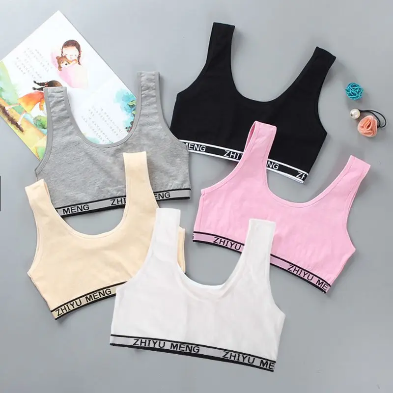 Enfants coton sport entraînement soutien-gorge sous-vêtements couleur unie lettres imprimé encolure dégagée adolescente puberté fille sans fil Bralette Ves