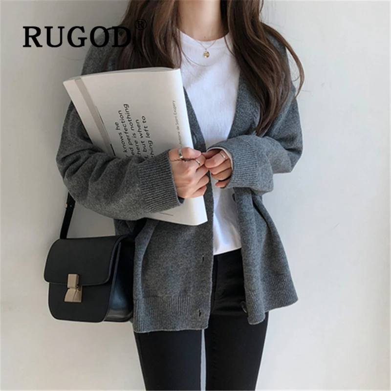 RUGOD кардиган женский корейский однотонный однобортный v-образный вырез вязаный женский свитер пальто модная Осенняя теплая одежда оверсайз
