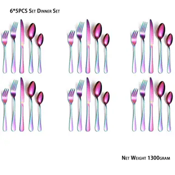 

5x6 30pcs Set Aurora Color Cutlery Dinner Set Dishe Knives Forks Spoons Kitchen Dinnerware Stainless Steel 6 Person Serve