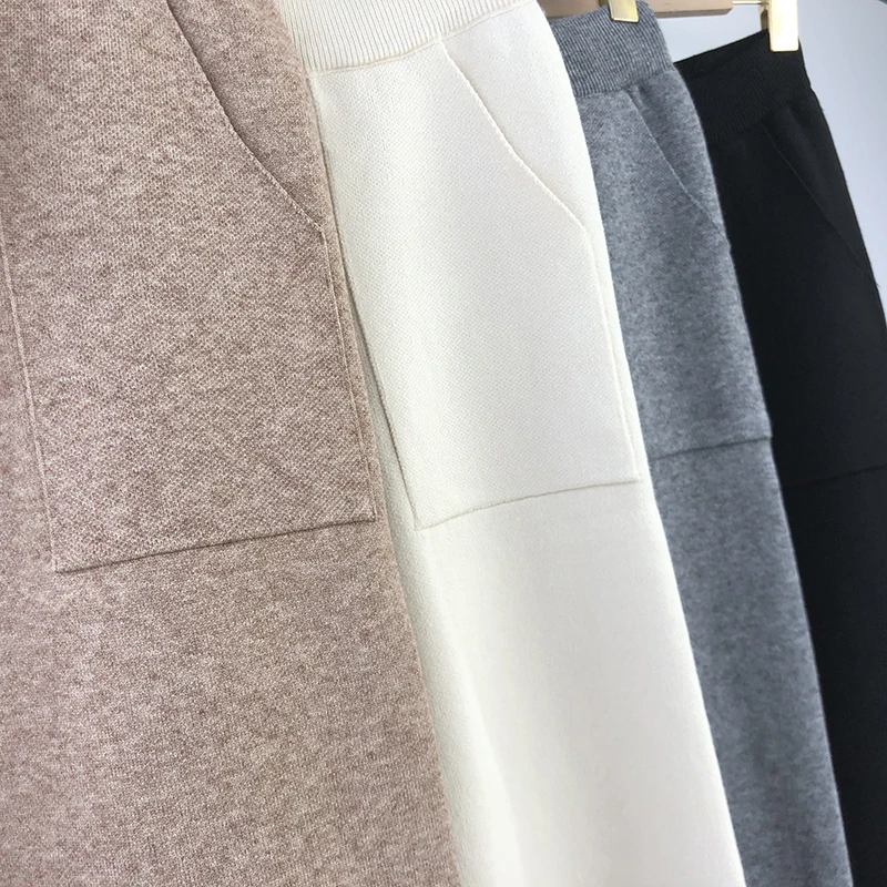 Aachoae 2020 Autumn Winter Knitted Pants Women Elastic Waist Drawstring Trousers Long Pencil Pants With Pockets Ladies Bottoms