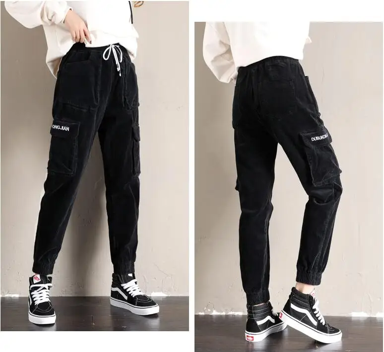 autumn beam feet high waist casual trousers Women's loose pocket harem pants Women's Elastic waist pants Female Corduroy pants