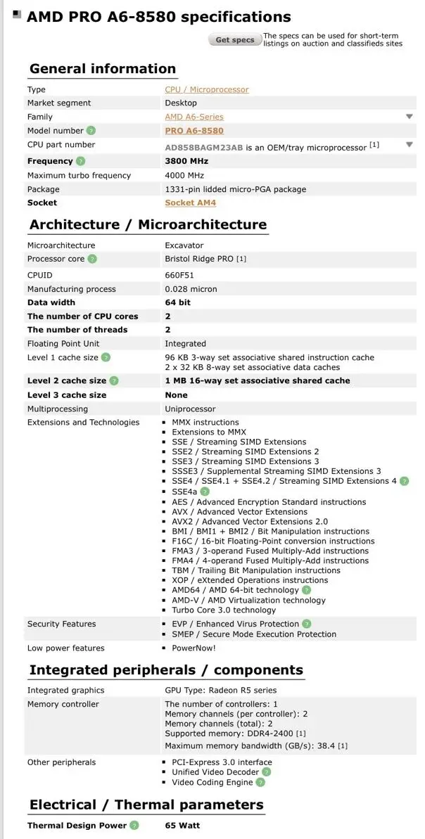 AMD A6-Series A6-8500 A6 8580 3.8 GHz 65W Dual-Core CPU Processor AD858BAGM23AB Socket AM4 best processor