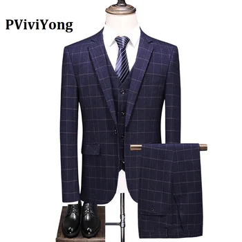 

PViviYong brand 2019 wedding suit men slim grid Business Suit Three-piece (Jackets + Vest + Pants) 9655