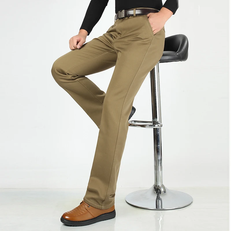 

Thicken Winter Men's Long Solid Straight Cotton Trousers Casual Fleece Men Pants 40 42