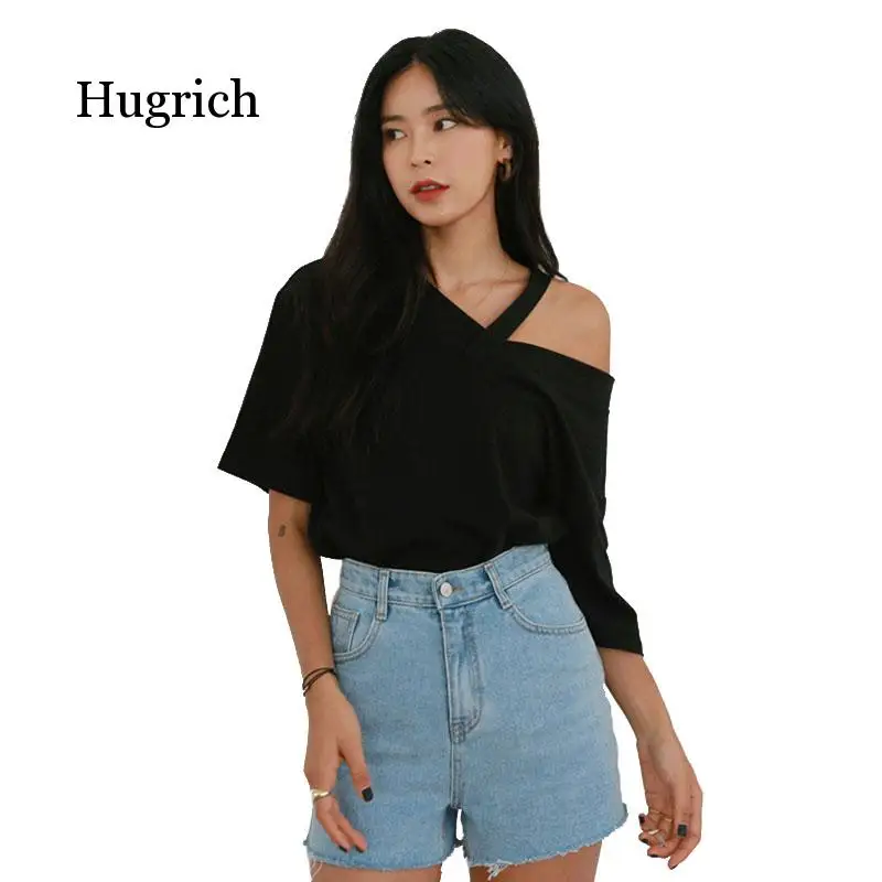 

Summer V-Neck Sling Short-Sleeved T-Shirt Women's New Korean Splice Sexy Fashion Wild White Large Size Tees Female Tops
