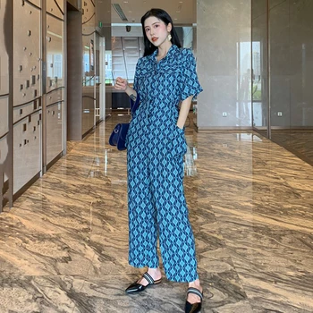 

Korean Summer Elegant hight waist lace up wide leg for women 2020 New Fashion Jumpsuit Office lady plaid chiffon playsuit KZ142