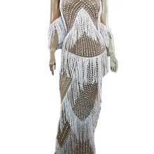 Новинка, блестящее длинное платье с серебряными кристаллами, Сетчатое платье, свадебное, день рождения, празднование, Прозрачное платье, сценический сексуальный костюм