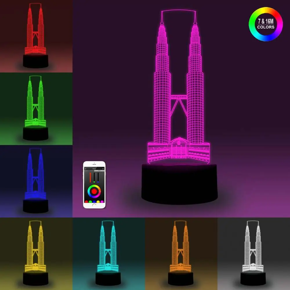 

NiteApps 3D Twins Towers Night Light Desk Table Illusion Decoration Lamp Holiday Birthday Gift APP/Touch Control