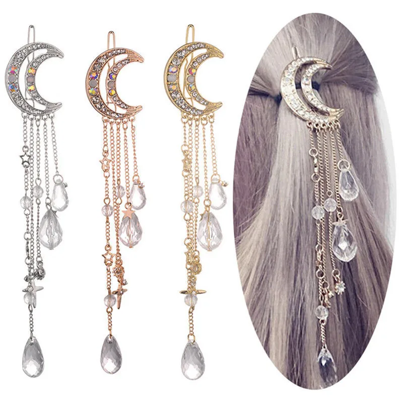 Fashion-Elegant-Women-Lady-Moon-Rhinestone-Crystal-Tassel-Long-Chain-Beads-Dangle-Hairpin-Hair-Clip-Hair