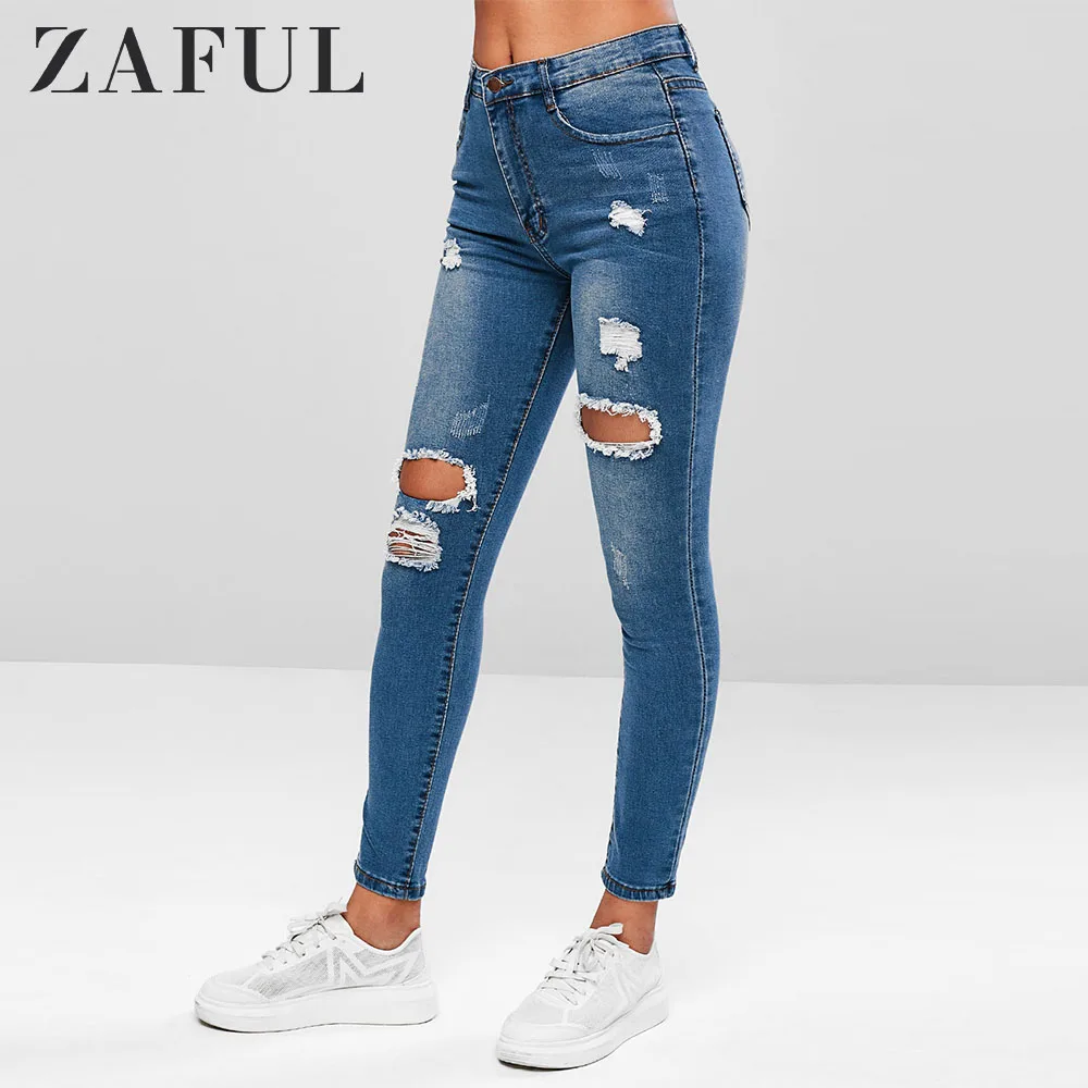 

ZAFUL Distressed Pocket Skinny Jeans Zipper Fly Ripped Women Casual Skinny Bleach Jeans Sexy Hole Pants Bottom Streetwear 2019