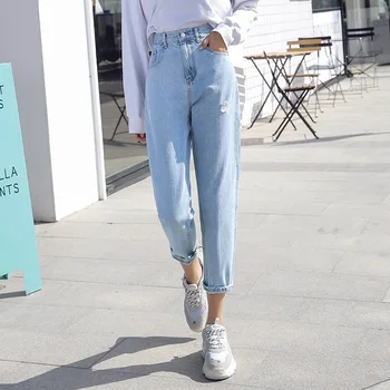 

2020 spring new women's straight jeans light color high waist European and American style hand-worn denim long pants 0152