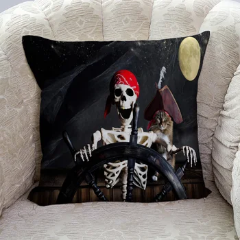 

Pirate Captain Skull Kitten Pirate Full Moon Ship Retro Style Pillow Covers Cases Cushion Pillowcase Square Print