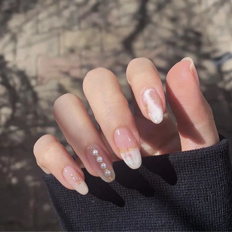 

24pcs French Fake Nails Art 3D Pearl False Nails for Bride Ladies Glitter Full Nail Tips Gold Powder Nail Cover Manicure