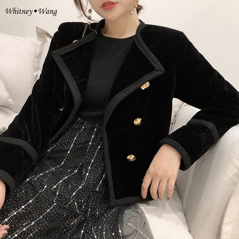WHITNEY WANG осень зима модная уличная одежда винтажный Стиль двубортный Бархатный жакет для Женщин Офисная Леди Пальто Верхняя одежда