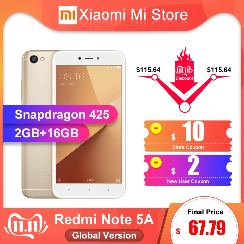 

In Stock Global Version Xiaomi Redmi Note 5A 2GB RAM 16GB ROM Mobile Phone Snapdragon 425 13.0MP Camera 5.5" 3080mAh Battery