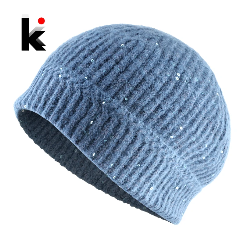 

Winter Hats For Women Fashion Knitted Sequin Beanies Ladies Fashion Solid Color Knitting Wool Skullies Beanie Girls Gorras Cap
