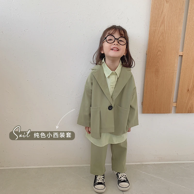 

Girls Fashion Suit Autumn 2019 New Pure Color Kids Single Breasted Suit with Big Pockets +toddler Girl Loose Trousers Two Pcs