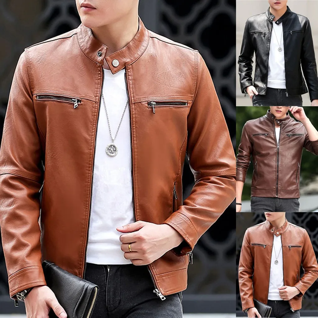 Мужская кожаная куртка осень зима кожаная курка мужская jaqueta de couro masculino Байкерская мотоциклетная куртка на молнии с длинными рукавами#3