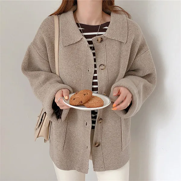 Oatmeal color RUGOD зимний однотонный теплый свитер, куртка для женщин с отложным воротником Свободный Плюс Размер вязаный кардиган винтажный элегантный стиль шик - Цвет: Oatmeal color