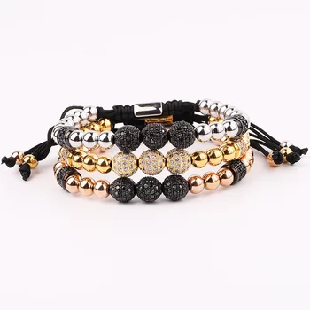 New Design Bracelet Men Jewelry Gold Plated Stainless Steel Beaded CZ Pave Ball Charm Macrame Adjustable Bracelet Men