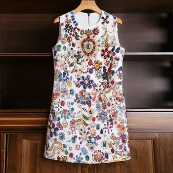 

High Luxury Runway Party Tank Short Dresses Women's Vintage Baroque Printed Crystal Diamond A Line Dress