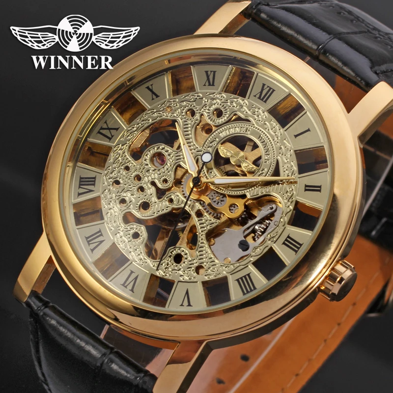 

WINNER Men Luxury Brand Roman Number Gold Skeleton Leather Watch Automatic Mechanical Wristwatches Gift Box Relogio Releges 2016
