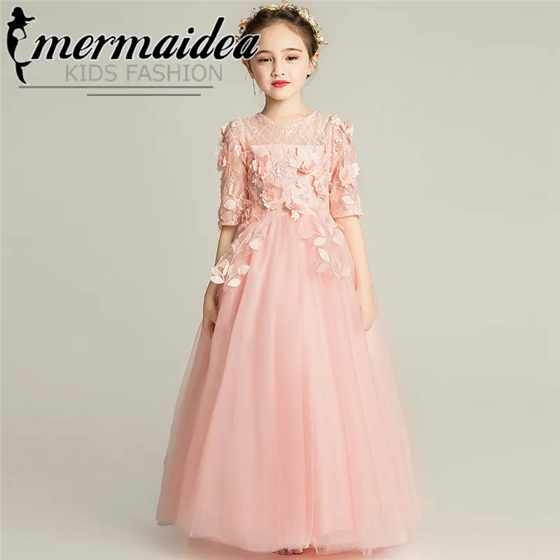 pink long dress Элегантное детское платье для девочек от 3 до 15 лет; цвет розовый, белый; кружевное платье принцессы для дня рождения, вечеринки, вечеринки; подарок на свадьбу для детей-подростков - Цвет: pink long dress