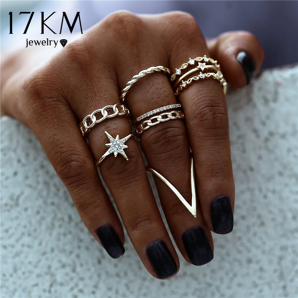 17KM Bohemian Vintage Royal Rings For Women Girl Geometric Amazing Price Gold Zircon Cubic Ring Sets V Chevron Rings Jewelry