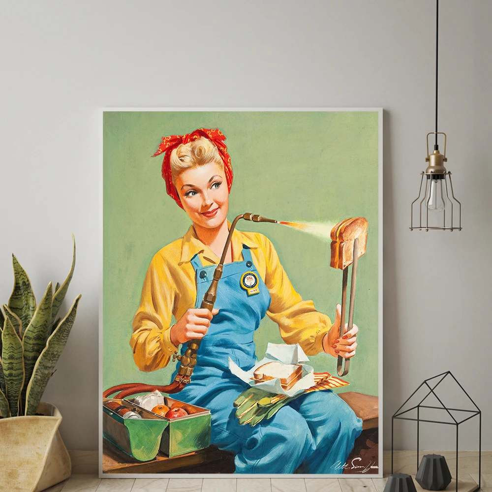 Vintage Cheese Sandwich Toast Poster Popart Woman Kitchen Pin Up Girl Sign Retro Wall Art Canvas Painting Restaurant Pictures | Дом и сад