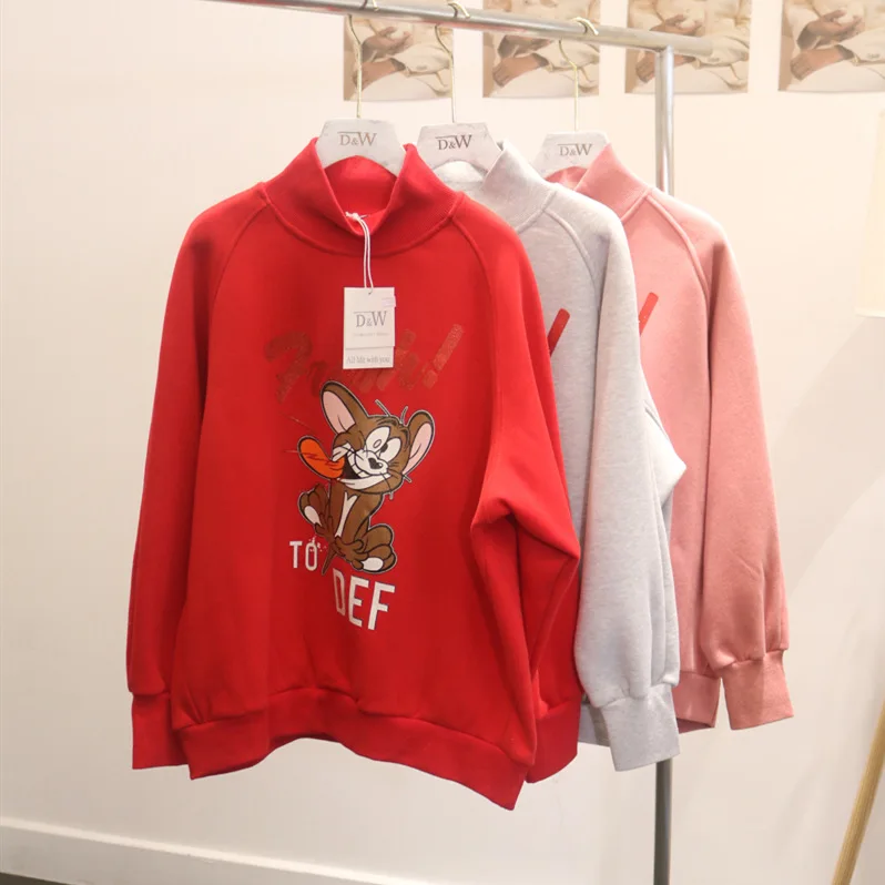 

The New Korean Version of 2020 Autumn Winter Plus Velvet Cartoon Printing High Collar Sweatshirt Women